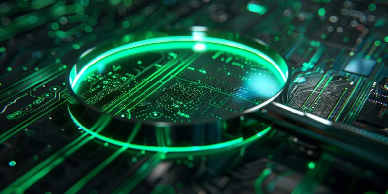 Green neon light Magnifier icon. Vibrant colored Search technology symbol, on a black background with high tech floor.