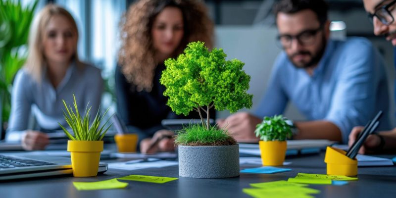 A lifestyle image of a marketing team brainstorming with colorful sticky notes